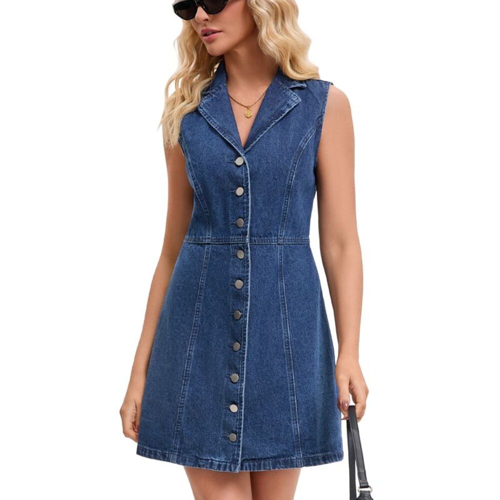 Women's Denim Mini Dress Sleeveless Button Down Summer Jean Dress Dark Blue
